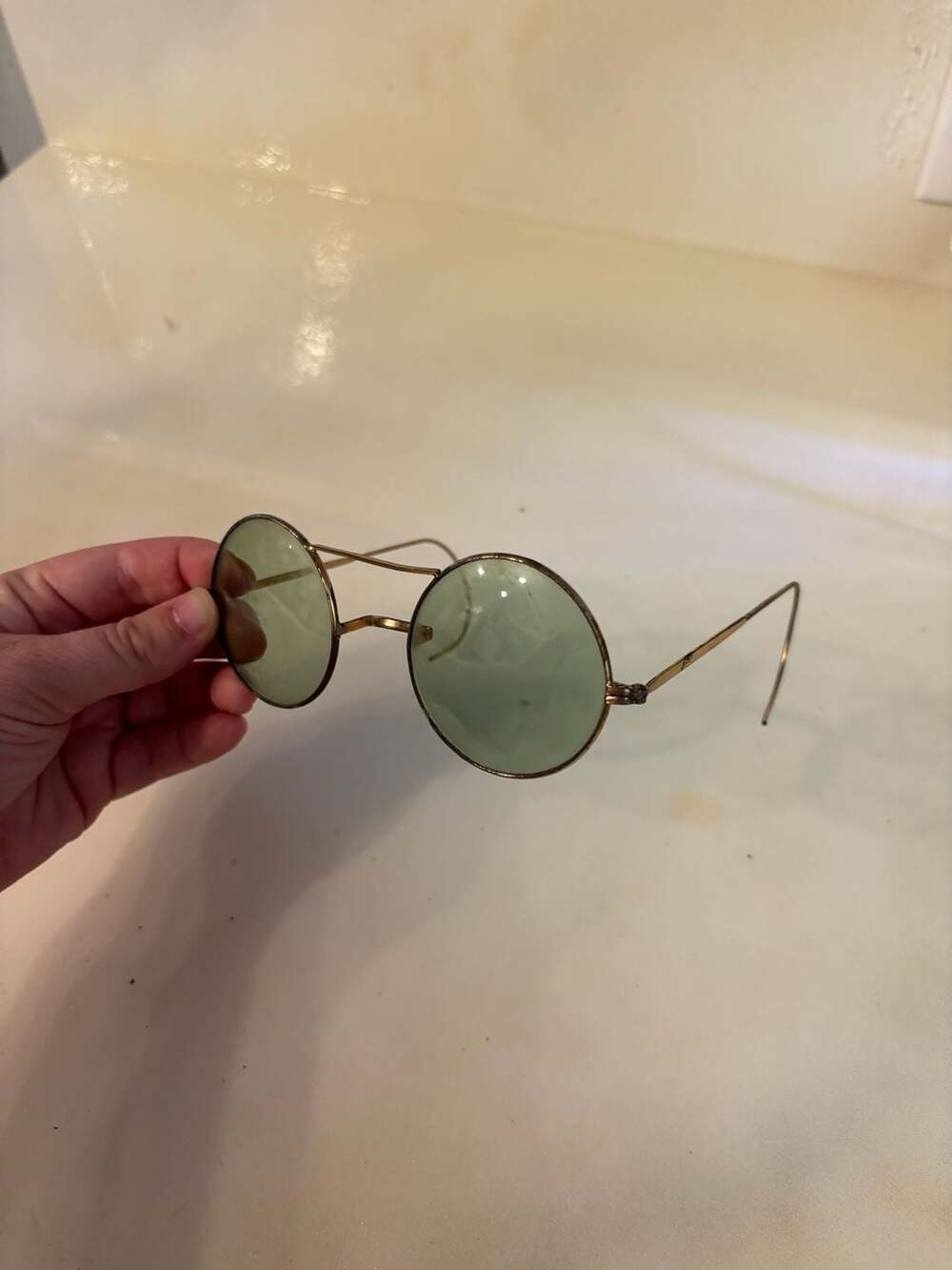 Vintage Round Green Lens Sunglasses with Cable Temples